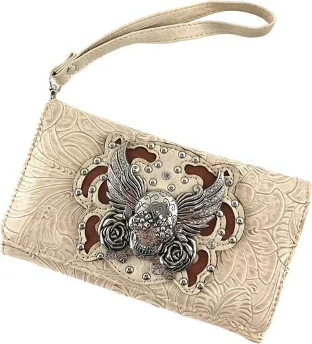 Vista 2 de Zelris Sugar Skull Roses Angel Wing mujeres Crossbody muñeca asa triple cartera