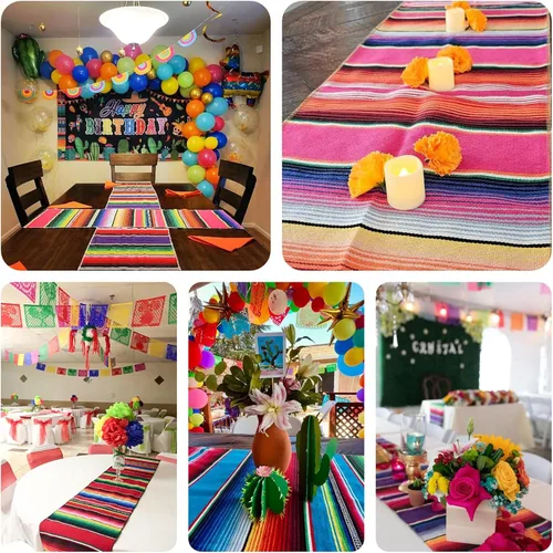 Vista 3 de Camino de mesa mexicano de 14 x 84 pulgadas, decoración de boda para fiesta de fiesta, caminos de mesa de arco iris a rayas Serape Zarape para Cinco