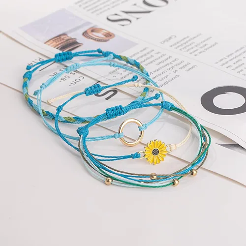 Vista 4 de Pulsera de cuerda trenzada hecha a mano con diseño de girasol para adolescentes y mujeres
