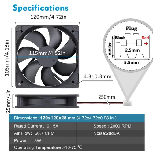Vista 6 de Wathai 120mm x 25mm 12V Computer Case Cooling Fan 12 Volt 2Pin DC Fan 2Pack