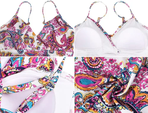 Vista 5 de Hilor Top tankini para mujer con volantes fruncidos y cuello en V