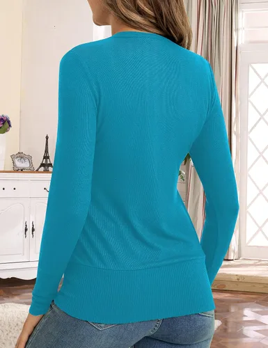 Vista 4 de Traleubie - suéter de manga larga con cuello en V y botones de punto abierto, para mujer