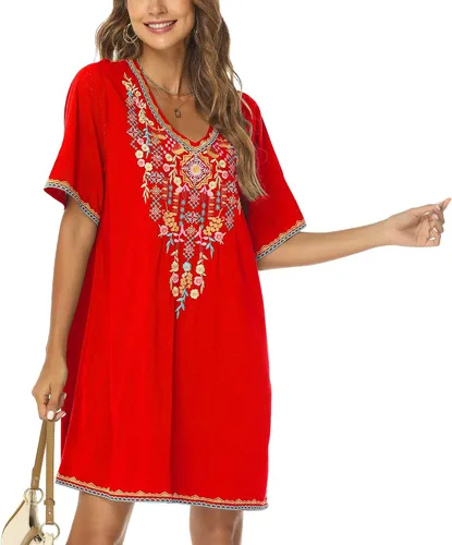 Vista 3 de Grosy Vestidos campesinos mexicanos bordados para mujer, vestido bohemio de fiesta de talla grande para mujer, túnica bohemia floral tradicional