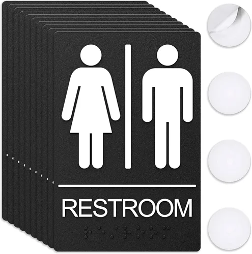Vista 16 de Letreros de baño, letrero de baño para negocios, para hombres y mujeres, 9 x 6 pulgadas, cumple con la ADA con Braille, adhesivos fuertes de doble