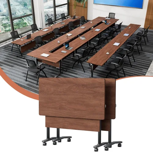 Vista 52 de Mesa de conferencias plegable con ruedas, mesa modular para sala de conferencias con 2 ojales para cables, mesas móviles de sala de reuniones
