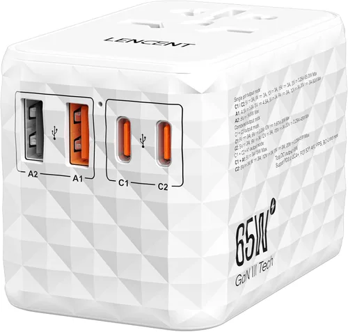 Vista 9 de LENCENT Adaptador de viaje universal de 65 W, cargador rápido internacional de GaN 2 USB-A y 2 convertidores de enchufe de alimentación USB-C