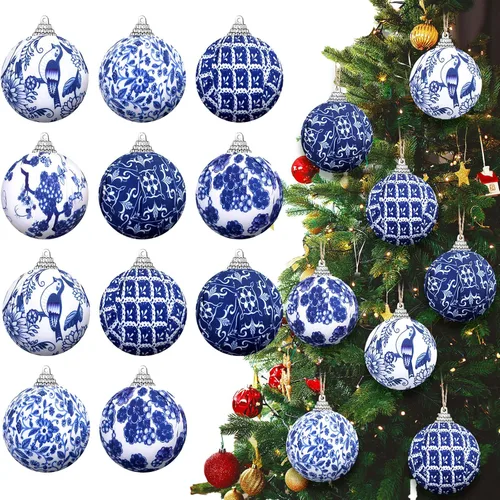 Vista 8 de Preboun 48 Piezas Adornos de Bolas Navideñas Chinoiserie Azul y Blanco Decoración de Árbol Chinoiserie Adornos Colgantes para Árbol de Navidad