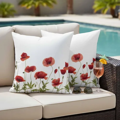 Vista 2 de Fundas de cojín impermeables con diseño de amapola roja en acuarela para exteriores, diseño de flores de jardín, paquete de 2 fundas de almohada