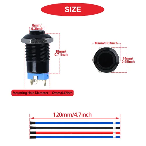 Vista 4 de 6Pcs Interruptor de botón de cierre led de 12mm con carcasa negra y pre-cableado, interruptor de botón a prueba de agua IP65, 1NO 1 normalmente