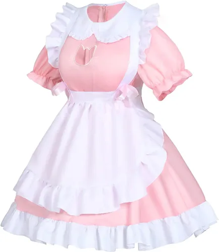 Vista 3 de Juego de delantal de sirvienta de gato francés de anime para cosplay, disfraz de cosplay (rosa, S)