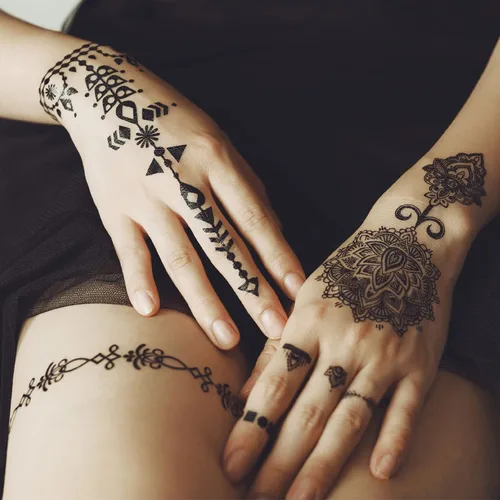 Vista 5 de 6 hojas de tatuajes temporales de henna negra para mujeres y niñas, calcomanías de tatuaje falsas de encaje, misterioso, sexy, mandala, flor, diseño