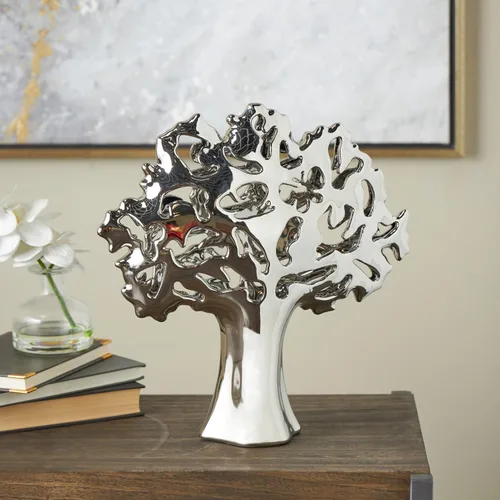 Vista 2 de Deco 79 Escultura decorativa de árbol de cerámica, estatua brillante para decoración del hogar con recortes abstractos, figura decorativa de 15 x 5