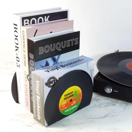 Vista 4 de Sujetalibros modernos para estantes, diseño de discos de vinilo retro, sujetalibros decorativos para amantes de la música, tapón decorativo