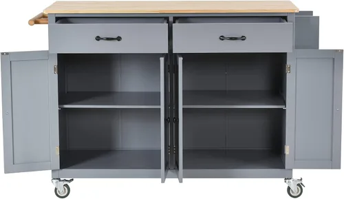 Vista 3 de LUMISOL Carrito móvil de isla de cocina con gabinete sobre ruedas, carrito rodante con tapa de madera de caucho, cajones, toallero y estante