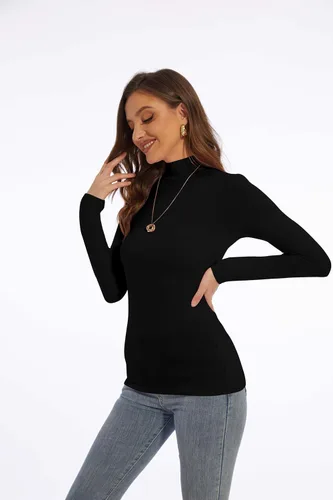 Vista 8 de Zephyrine Camisa ligera de manga larga para mujer, cuello alto, ligera, ajustada, capa base
