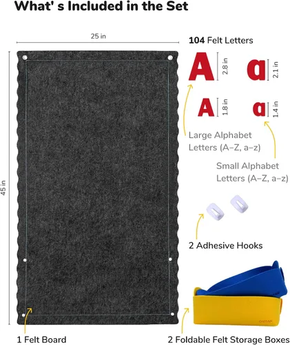 Vista 2 de CHEFAN Tablero de letras de fieltro para niños pequeños, tablero de franela grande de 45 x 25 pulgadas para pared, letras mayúsculas y minúsculas