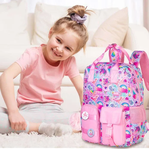 Vista 6 de WZLVO Mochila para niñas y niños, unicornio, dinosaurio, preescolar, primaria, jardín de infantes, mochila escolar para niños pequeños, Rosado, Moda