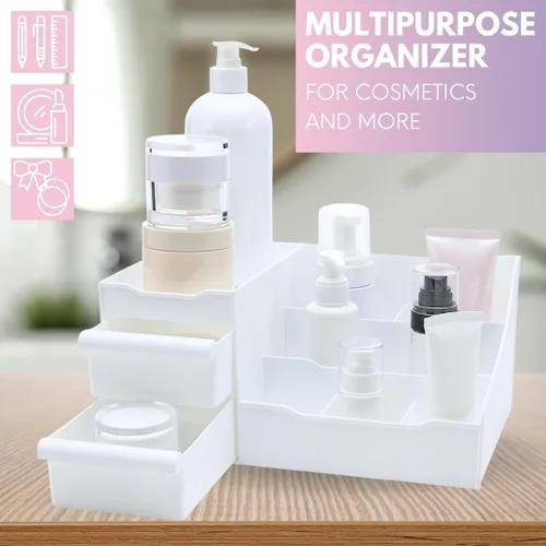 Vista 2 de Mantello Organizador de maquillaje para tocador - Organizador de cosméticos blanco con múltiples compartimentos para maquillaje y artículos de aseo