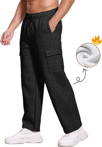 Vista 3 de Deyeek Pantalones deportivos con forro polar para hombre, pantalones deportivos de carga con parte inferior abierta, pantalones deportivos