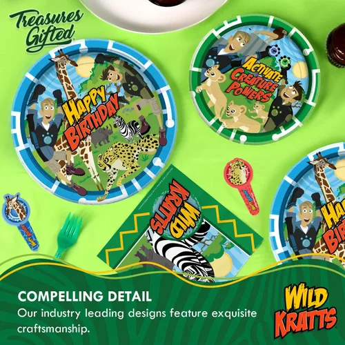Vista 5 de Treasures Gifted Platos de cena Wild Kratts con licencia oficial de 24 unidades – Platos de fiesta Wild Kratts de 9 pulgadas – Suministros de fiesta