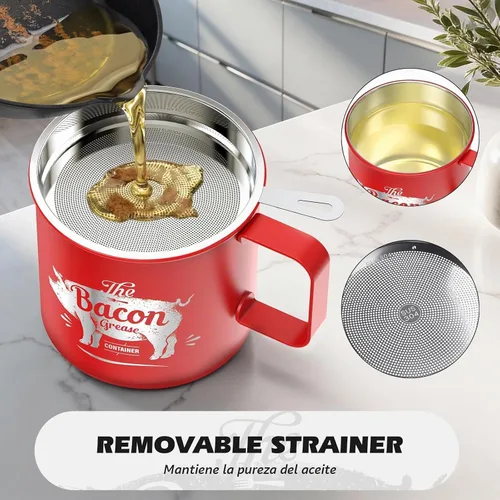 Vista 5 de PGYARD Mini protector de grasa de tocino con colador, recipiente de aceite de acero inoxidable de 20 onzas, protector de grasa de tocino de granja