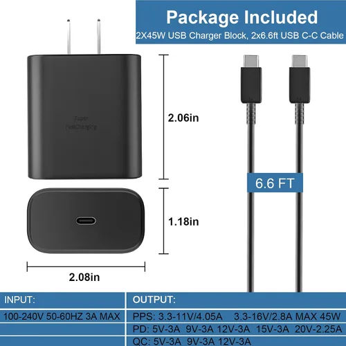 Vista 7 de Cargador rápido USB C de 45 W, cargador súper rápido de 45 vatios tipo C con cable de carga rápida Android de 6.6 pies para Samsung Galaxy S26