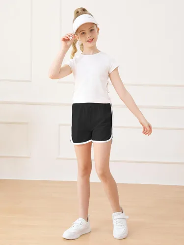 Vista 5 de Resinta Paquete de 4 pantalones cortos de correr para niñas, pantalones cortos deportivos de verano para niños, de secado rápido, pantalones cortos