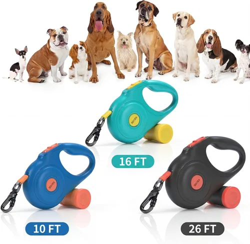 Vista 9 de Correa retráctil de 10 pies para perros pequeños y medianos, cinta de nailon resistente con mosquetón de bloqueo seguro y soporte para bolsa