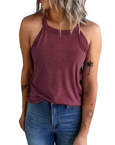 Vista 2 de KINLONSAIR - Camisetas de verano sin mangas con cuello redondo para mujer, camisetas sin mangas, para entrenamiento, informales, básicas, cuello