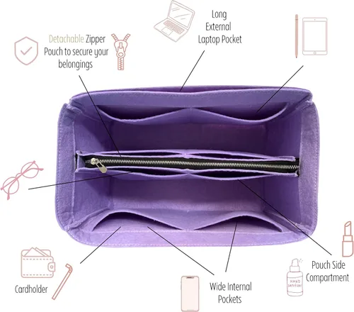 Vista 5 de Divitize Purse Organizer compatible with Tel*** Bag, Large Organizer Medium Cup Holder, Handmade 2mm Premium Felt Insert with Silver Zipper, Snug