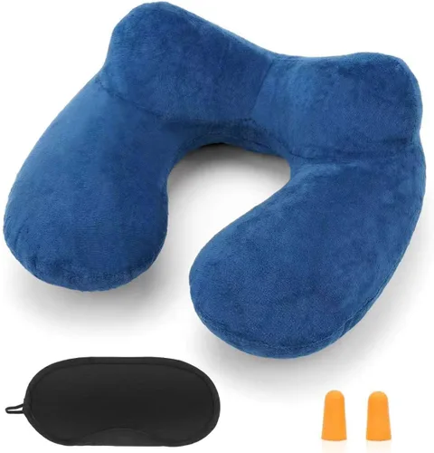 Vista 9 de Almohada inflable de viaje para avión, almohada inflable para el cuello para viajar con terciopelo suave, funda lavable para dormir, avión, tren