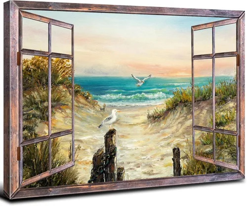 Vista 24 de Cuadro de pared con ventana de playa, paisaje oceánico, decoración de pared, paisaje costero, gaviota, impresiones en lienzo, pintura tropical