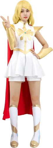 Vista 2 de C-ZOFEK Vestido de cosplay con capa roja de la princesa Shera (XS, blanco)