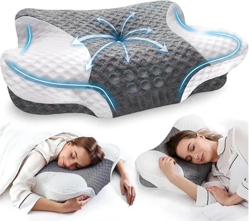 Vista 8 de Almohada ergonómica de espuma viscoelástica contorneada con tecnología de enfriamiento, diseño de soporte cervical (azul y blanco)