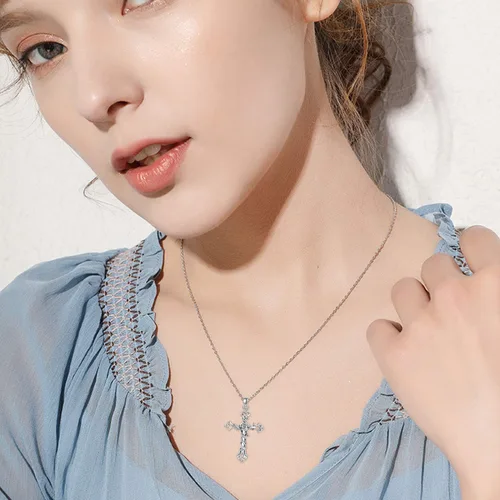 Vista 4 de Cross necklace 925 Sterling Silver Rose Crose Pendant Necklace Cross Necklace for Women (A-Rose Cross Necklace)
