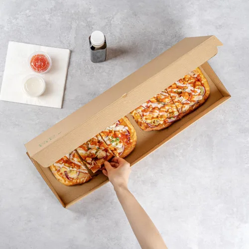 Vista 134 de Restaurantware - Cajas para pizza, 50 unidades, 14 x 7 x 1.5 pulgadas, embalaje de papel de cartón corrugado con bloqueo de pestañas, resistente a
