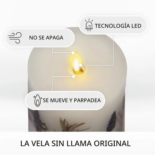 Vista 2 de Luminara Vela de pilar de llama artificial realista con inclusión de lavanda y romero - Luces LED de llama móvil a pilas - Listo para control remoto