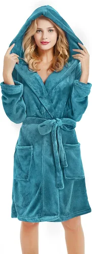 Vista 10 de U2SKIIN Bata de Forro Polar con Capucha para Mujer, Batas de Felpa de Pelo Corto para Mujeres con Capucha Suave y Cálida Bata de Baño para Spa