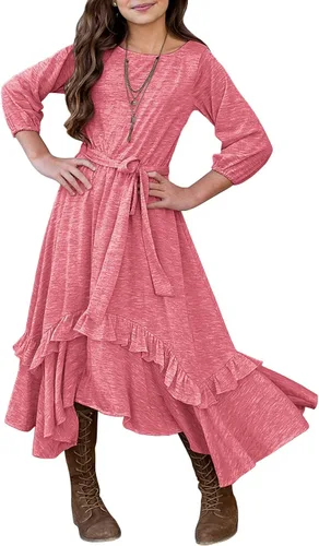 Vista 21 de MITILLY Vestido largo maxi suelto liso de manga 3/4 casual con bolsillos y volantes estilo swing con cinturón para niñas 01 Azul oscuro fultter