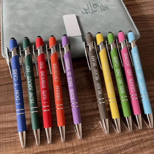 Vista 3 de Jxueych 10 bolígrafos motivacionales con citas sarcásticas, regalos de oficina, 2 en 1, elegante lápiz capacitivo de metal para pantallas táctiles