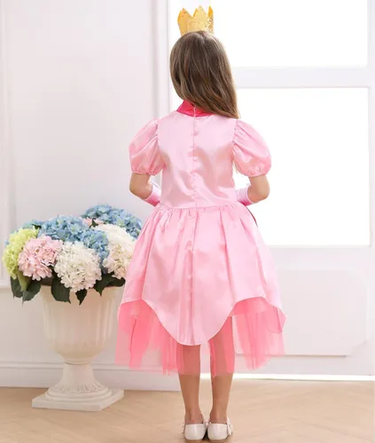 Vista 4 de Luzlen Disfraz de princesa melocotón para niñas, vestido de princesa de Super Brothers, disfraz rosa para Halloween y cosplay
