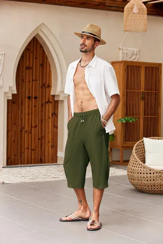 Vista 2 de COOFANDY Pantalones capri de lino para hombre, pantalones casuales con cordón, pantalones holgados de harén, pantalones capri de playa de pierna