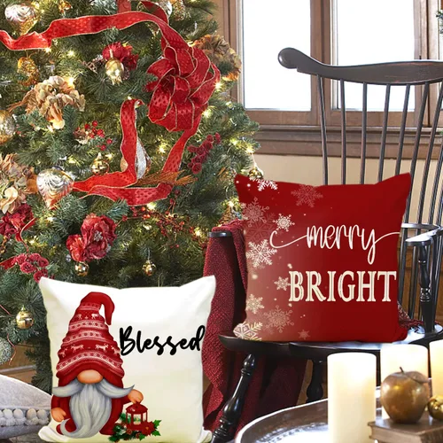 Vista 3 de Artmag Juego de 4 fundas de almohada de Navidad de 16 x 16 pulgadas, decoración de casa de campo Hello Winter Gnomes Merry Bright fundas de almohada