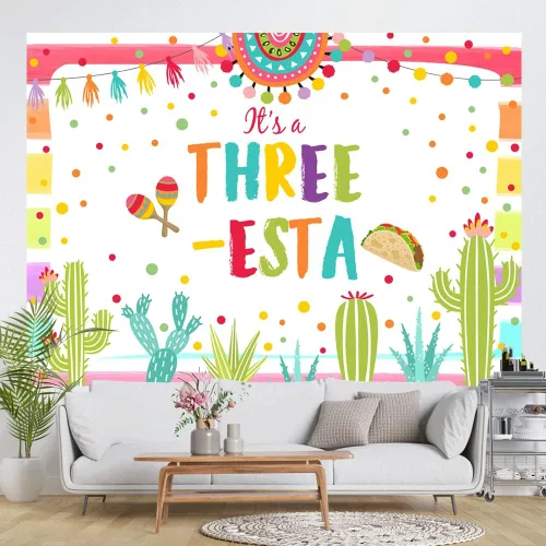Vista 2 de Telón de fondo mexicano de tercer cumpleaños de 7 x 5 pies, decoración de fiesta blanca para fiesta de 3 esta, fondo de fotografía de niña
