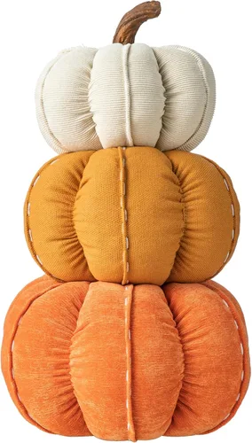 Vista 5 de Glitzhome Decoración de calabazas artificiales de otoño, calabazas de tela apilada, decoración del hogar, decoración de bandeja interior de otoño
