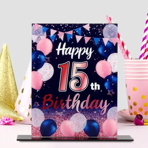 Vista 269 de LINGTEER Decoraciones de feliz cumpleaños número 11, 2 piezas de soporte de acrílico con impresión de pie rosa y azul, tablero de telón de fondo