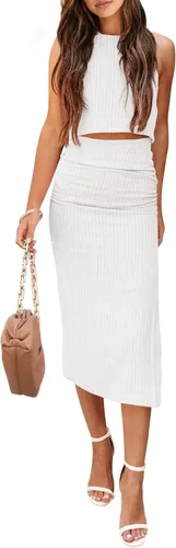 Vista 24 de PRETTYGARDEN Conjunto de 2 piezas de verano para mujer, cuello redondo, sin mangas, con abertura, falda midi