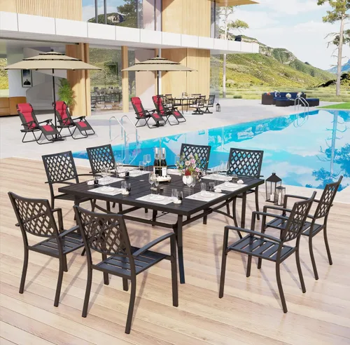 Vista 9 de MFSTUDIO Juego de comedor al aire libre para 8, juego de mesa y sillas de metal para patio, juego de muebles de patio de 9 piezas, juego de comedor