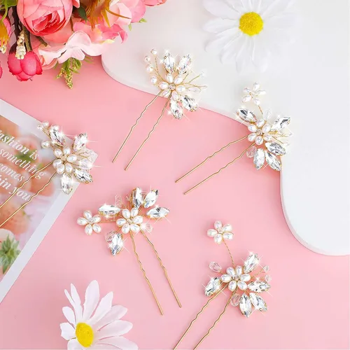 Vista 6 de Geosar 8 pinzas para el pelo de boda, horquillas doradas para el pelo de novia con flores de diamantes de imitación, accesorio de novia para mujeres