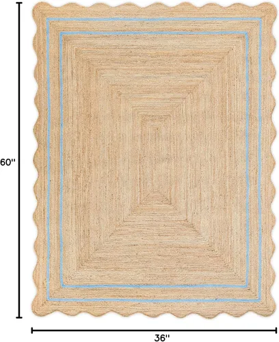 Vista 79 de Alfombra de Yute Natural Ondulada Festoneada - Corredor de Entrada Boho, Festón Estilo Granja, Blanco Roto (8'x10') Camino de entrada bohemio